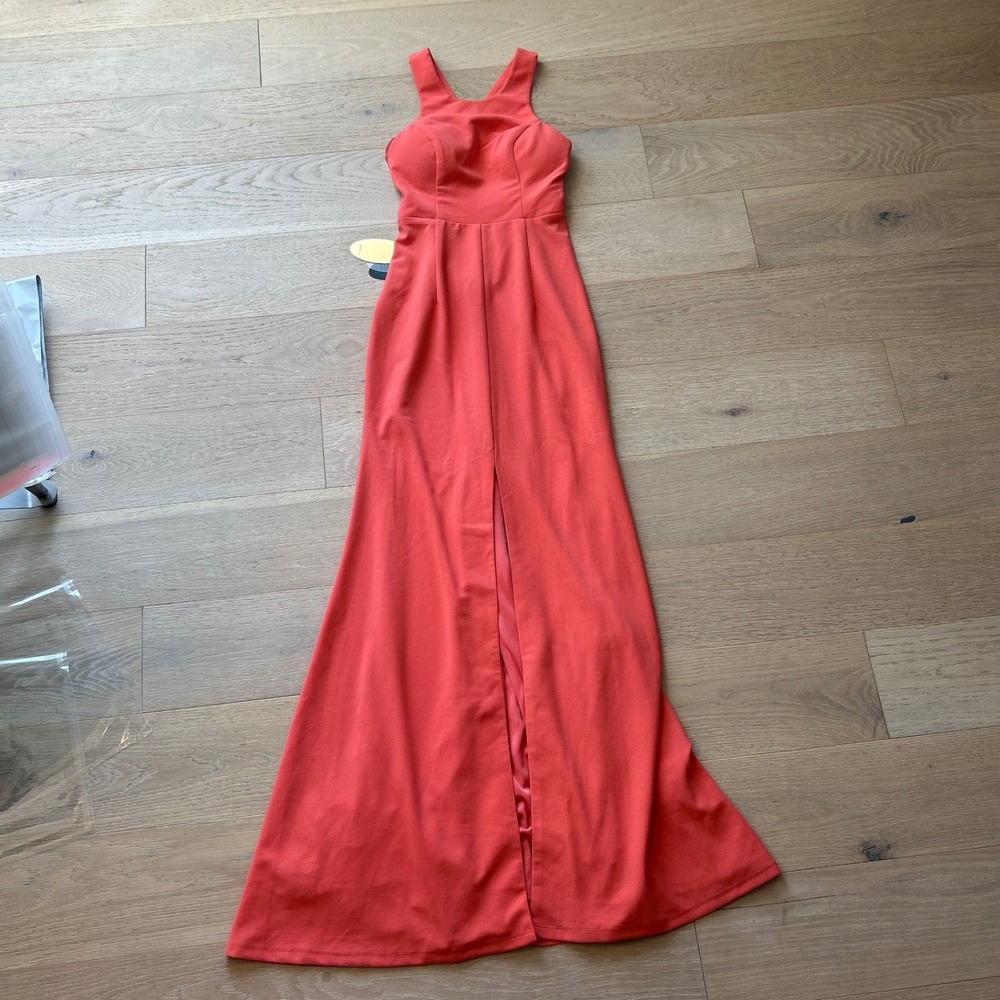 Bariano Australia Mai Pink Coral Halter Front Slit Formal Gown Dress XS NEW